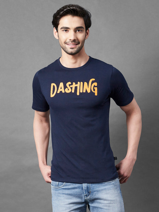 Navy Typo Print Round Neck Half Sleeve T-Shirt