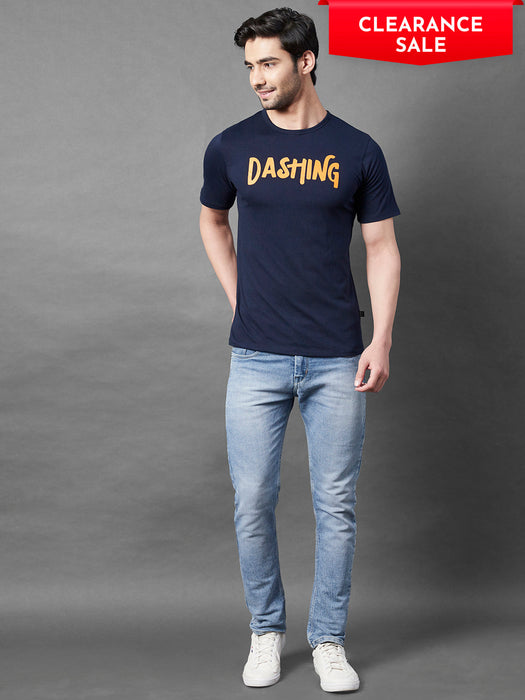 Navy Typo Print Round Neck Half Sleeve T-Shirt