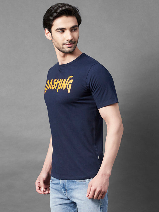 Navy Typo Print Round Neck Half Sleeve T-Shirt