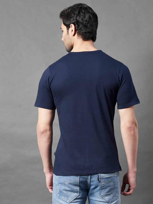 Navy Typo Print Round Neck Half Sleeve T-Shirt