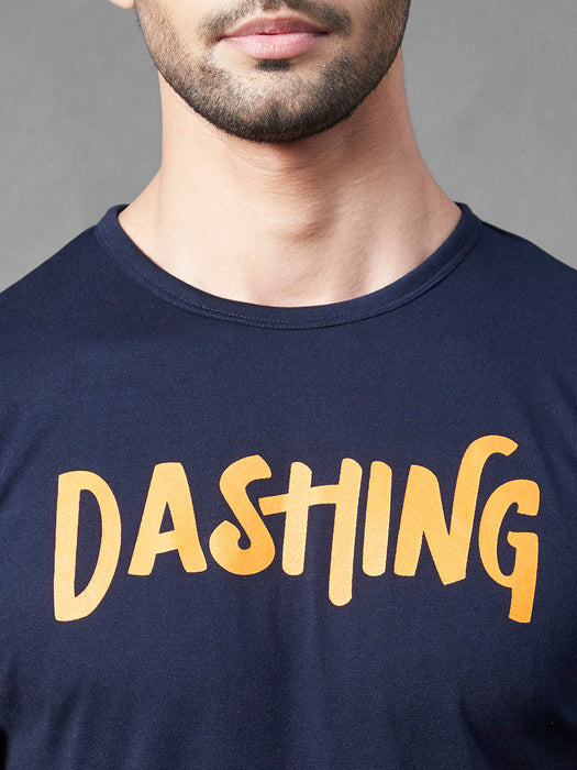 Navy Typo Print Round Neck Half Sleeve T-Shirt