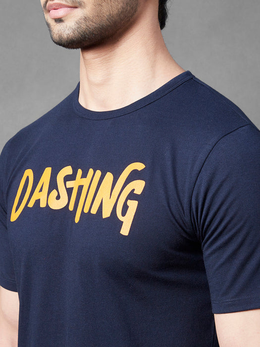 Navy Typo Print Round Neck Half Sleeve T-Shirt