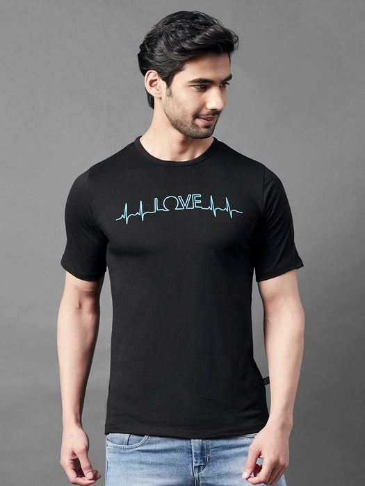 Black Typo Print Round Neck Half Sleeve T-Shirt