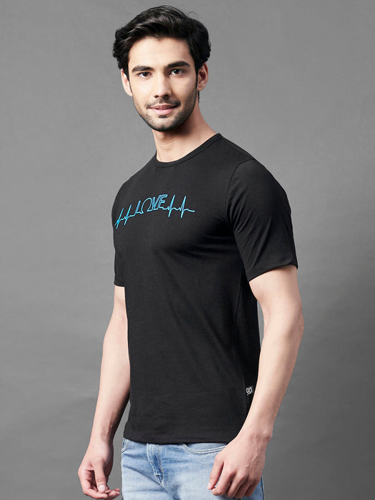 Black Typo Print Round Neck Half Sleeve T-Shirt