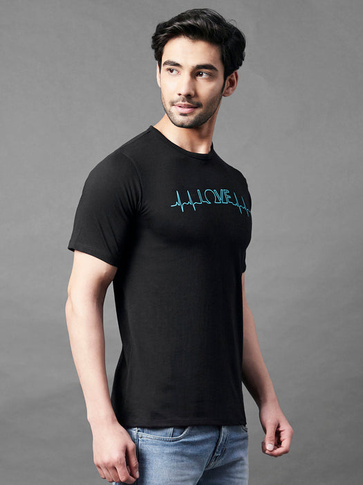 Black Typo Print Round Neck Half Sleeve T-Shirt