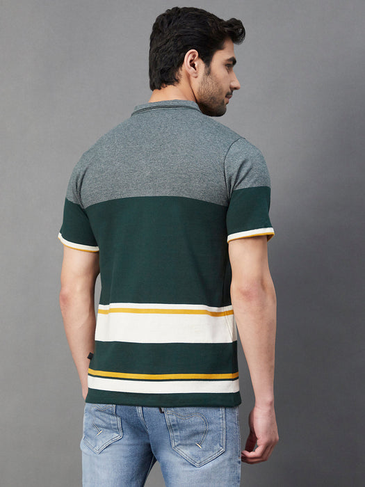 Multi Stripe Polo Collar Half Sleeve T-Shirt