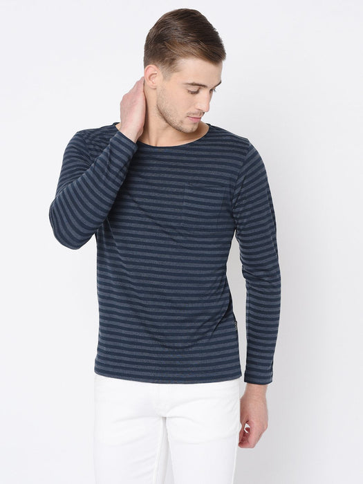 Blue Stripe Scoop Neck Full Tshirt For Men