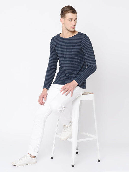 Blue Stripe Scoop Neck Full Tshirt For Men