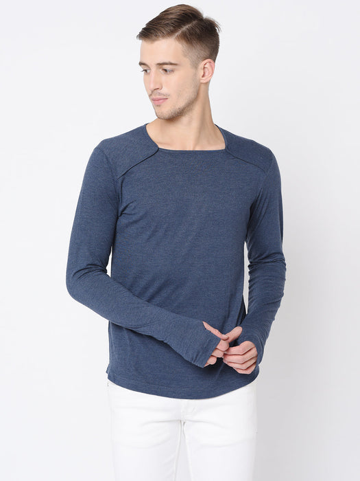 Black Square Neck Thumbhole Full Tshirt For Men