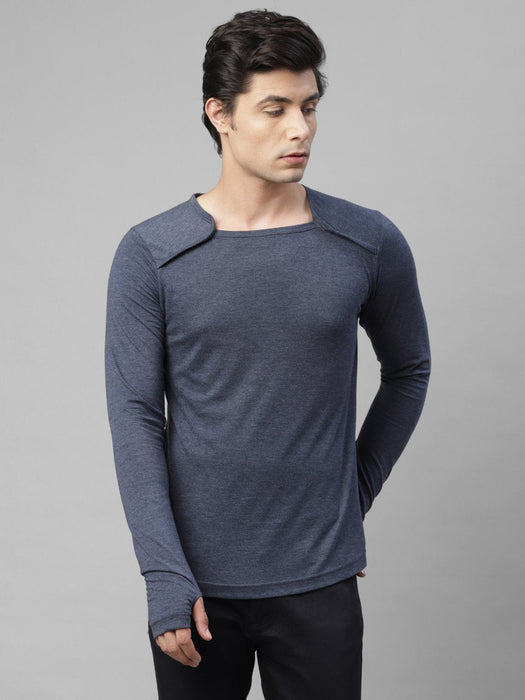 Blue Melange Square Neck Cotton Full Sleeve T-Shirt