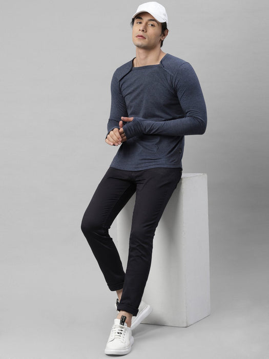 Blue Melange Square Neck Cotton Full Sleeve T-Shirt