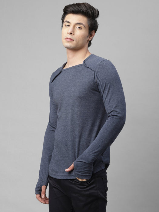 Blue Melange Square Neck Cotton Full Sleeve T-Shirt