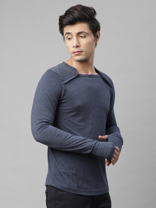 Blue Melange Square Neck Cotton Full Sleeve T-Shirt