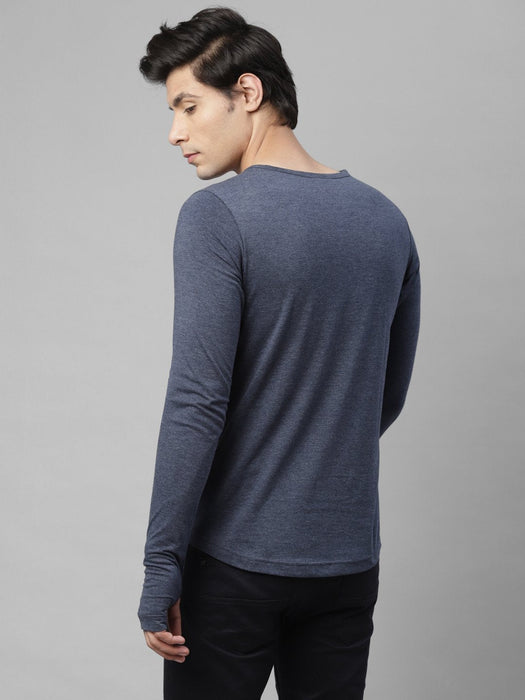 Blue Melange Square Neck Cotton Full Sleeve T-Shirt