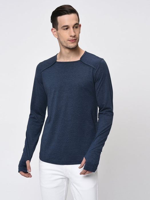 Blue Melange Square Neck With Thumbhole Full Sleeve T-Shirt for Men