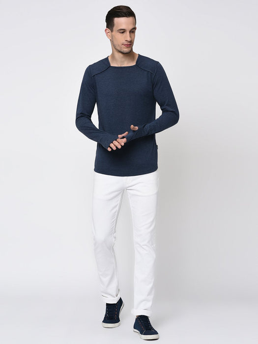 Blue Melange Square Neck With Thumbhole Full Sleeve T-Shirt for Men