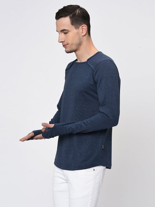 Blue Melange Square Neck With Thumbhole Full Sleeve T-Shirt for Men