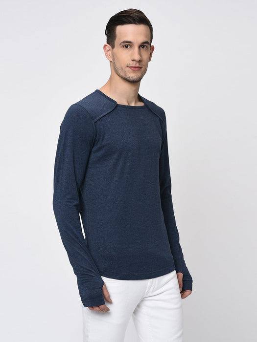 Blue Melange Square Neck With Thumbhole Full Sleeve T-Shirt for Men