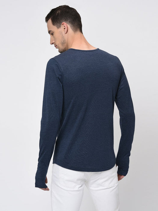 Blue Melange Square Neck With Thumbhole Full Sleeve T-Shirt for Men