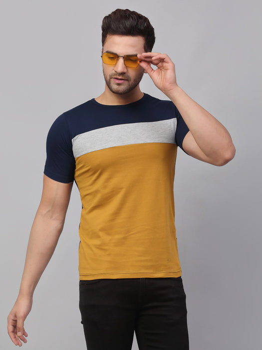 Navy Grey Mustard Color Block Cotton Half Sleeve T-Shirt