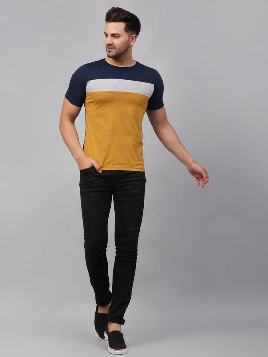 Navy Grey Mustard Color Block Cotton Half Sleeve T-Shirt