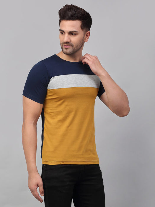 Navy Grey Mustard Color Block Cotton Half Sleeve T-Shirt