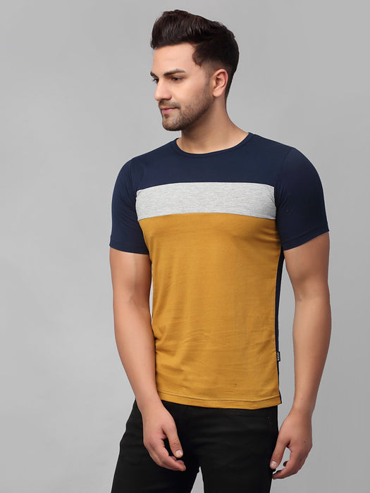 Navy Grey Mustard Color Block Cotton Half Sleeve T-Shirt