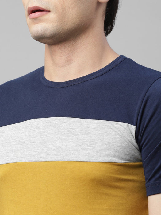 Navy Mustard Color Block Round Neck Cotton Half Sleeve T-Shirt