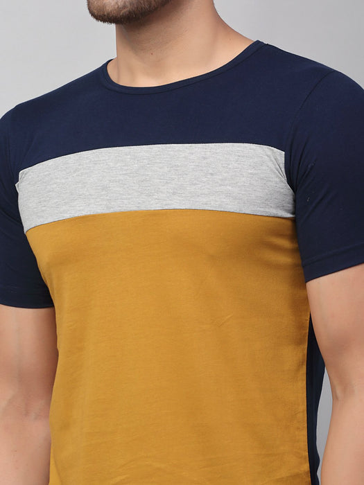 Navy Grey Mustard Color Block Cotton Half Sleeve T-Shirt