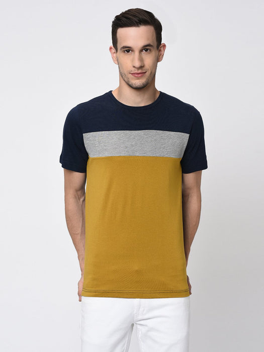 Navy Grey Mustard Colorblock Half T-Shirt for Men