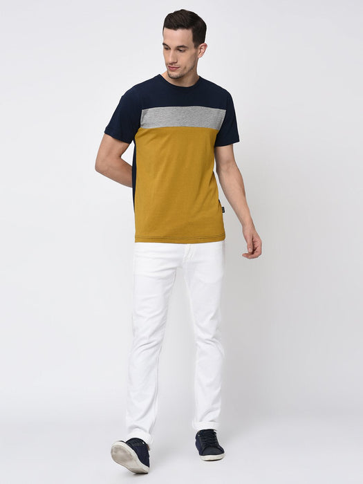 Navy Grey Mustard Colorblock Half T-Shirt for Men