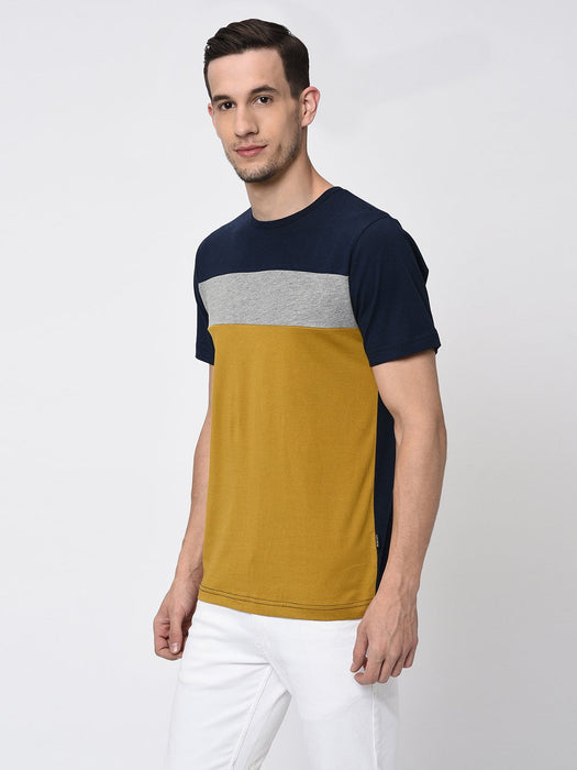 Navy Grey Mustard Colorblock Half T-Shirt for Men