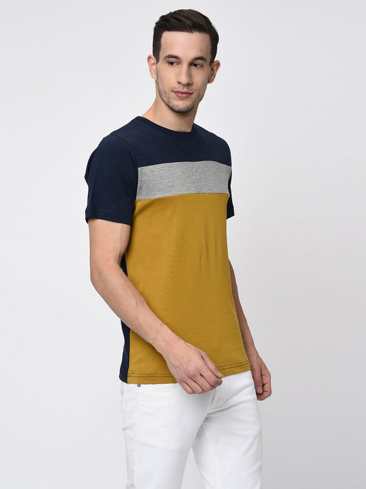 Navy Grey Mustard Colorblock Half T-Shirt for Men