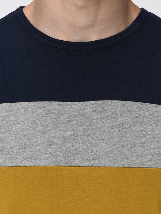 Navy Grey Mustard Colorblock Half T-Shirt for Men