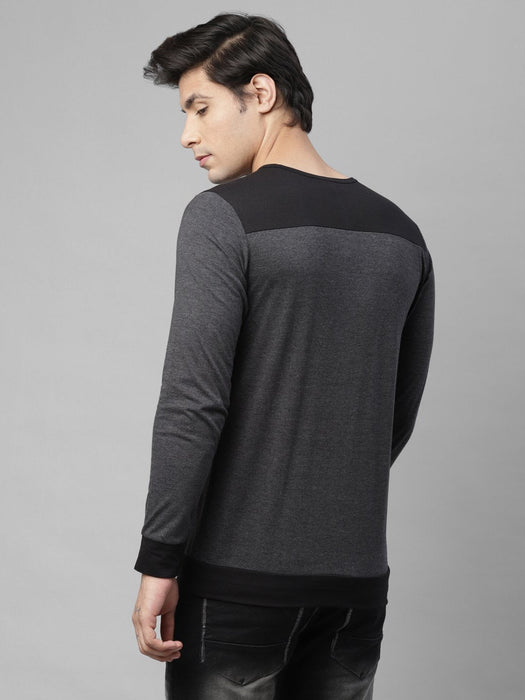 Charcoal Self Texture Logo Print With Contrast Detailing Round Neck Cotton Full Sleeve T-Shirt