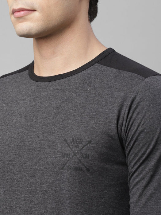 Charcoal Self Texture Logo Print With Contrast Detailing Round Neck Cotton Full Sleeve T-Shirt