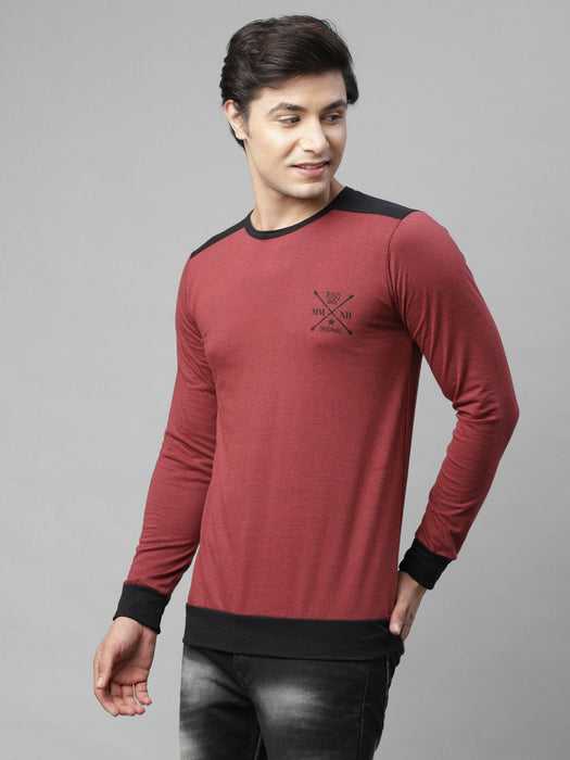 Maroon Self Texture Logo Print With Contrast Detailing Round Neck Cotton Full Sleeve T-Shirt