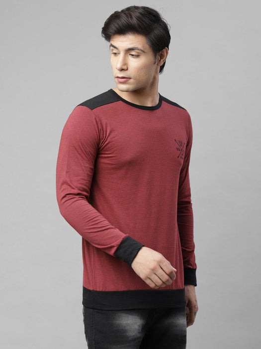 Maroon Self Texture Logo Print With Contrast Detailing Round Neck Cotton Full Sleeve T-Shirt