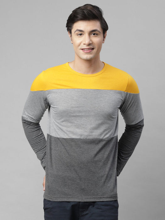 Mustard Grey Charcoal Color Block Round Neck Cotton Full Sleeve T-Shirt