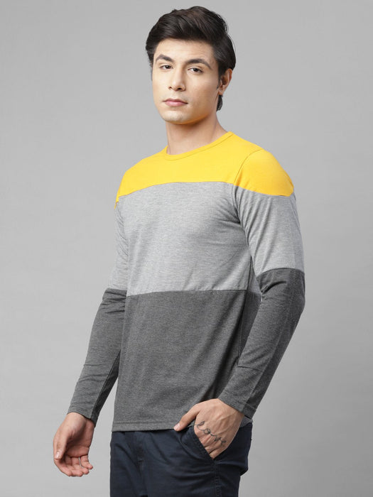 Mustard Grey Charcoal Color Block Round Neck Cotton Full Sleeve T-Shirt