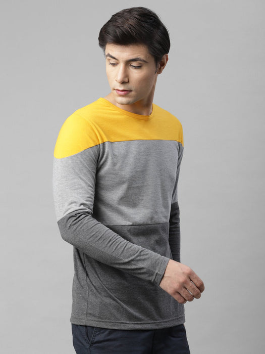 Mustard Grey Charcoal Color Block Round Neck Cotton Full Sleeve T-Shirt