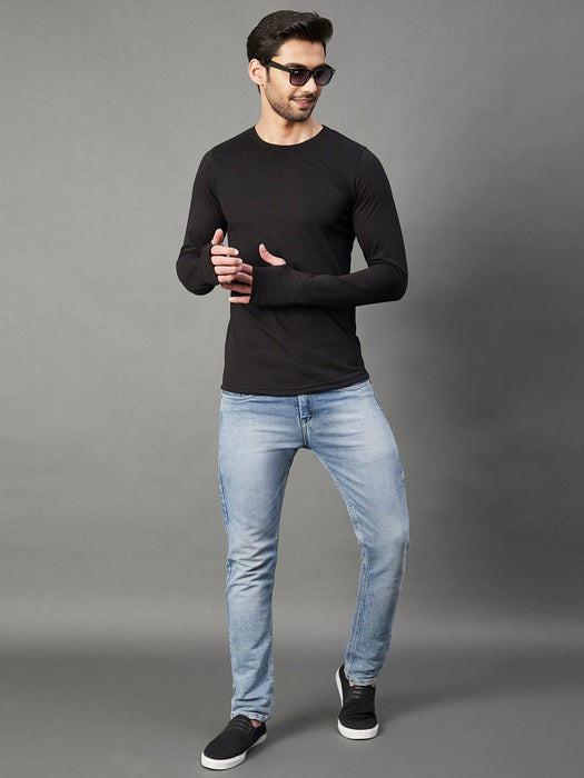 Black Thumbhole Round Neck Full Sleeve T-Shirt