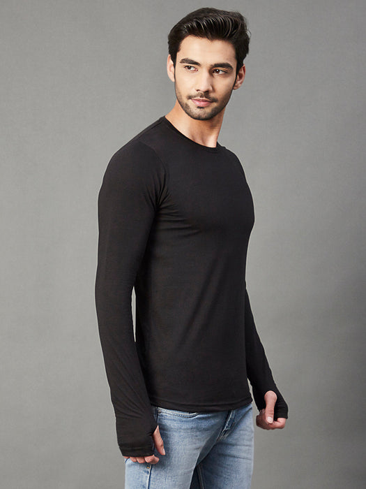 Black Thumbhole Round Neck Full Sleeve T-Shirt