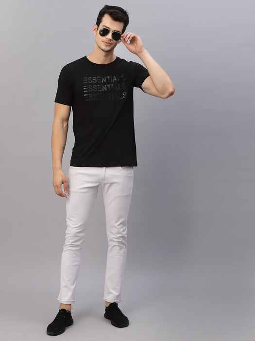 Black ESSENTIALS Printed Round Neck Cotton Half Sleeve T-Shirt