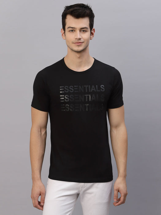 Black ESSENTIALS Printed Round Neck Cotton Half Sleeve T-Shirt