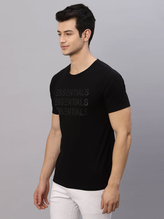 Black ESSENTIALS Printed Round Neck Cotton Half Sleeve T-Shirt