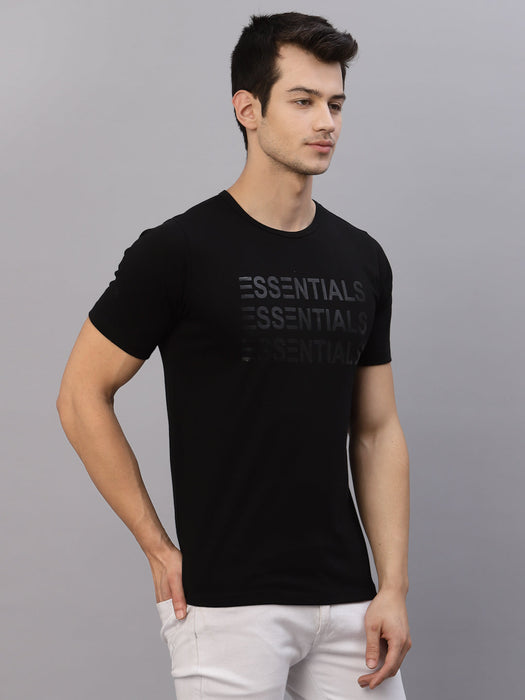 Black ESSENTIALS Printed Round Neck Cotton Half Sleeve T-Shirt