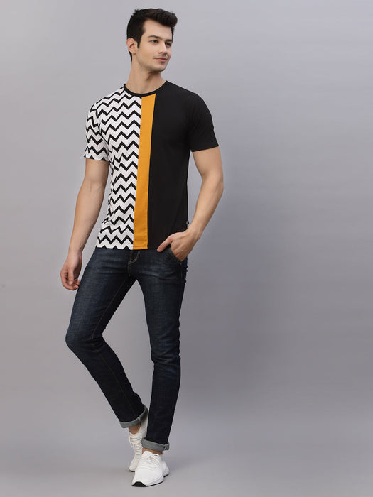 White Black Printed Color Block Round Neck Cotton Half Sleeve T-Shirt