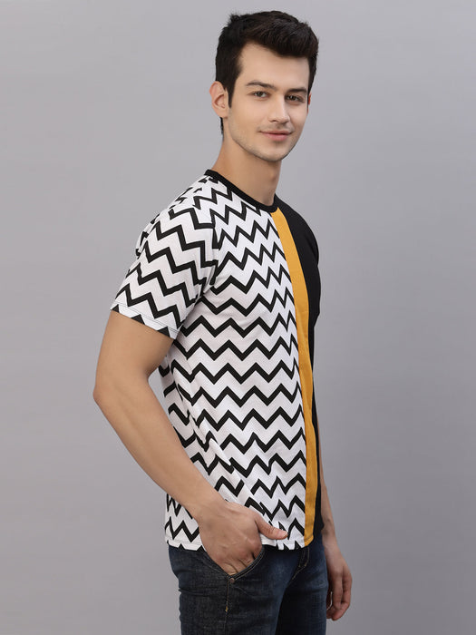 White Black Printed Color Block Round Neck Cotton Half Sleeve T-Shirt