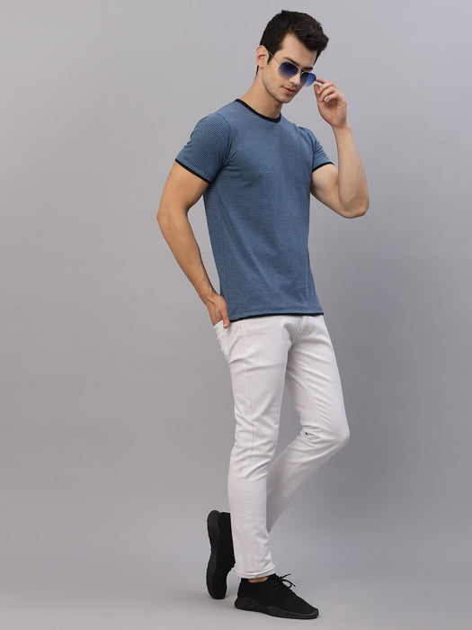 Blue Stripe Round Neck With Contrast Detail Half Sleeve T-Shirt